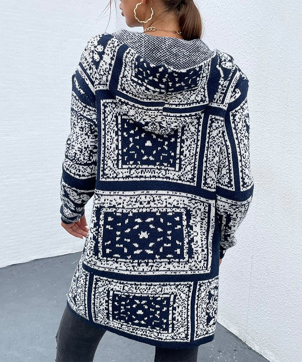 navy blue floral pattern hooded cardigan