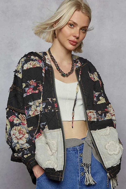 POL Zip Up Floral and Lace Patch Washed Jacket