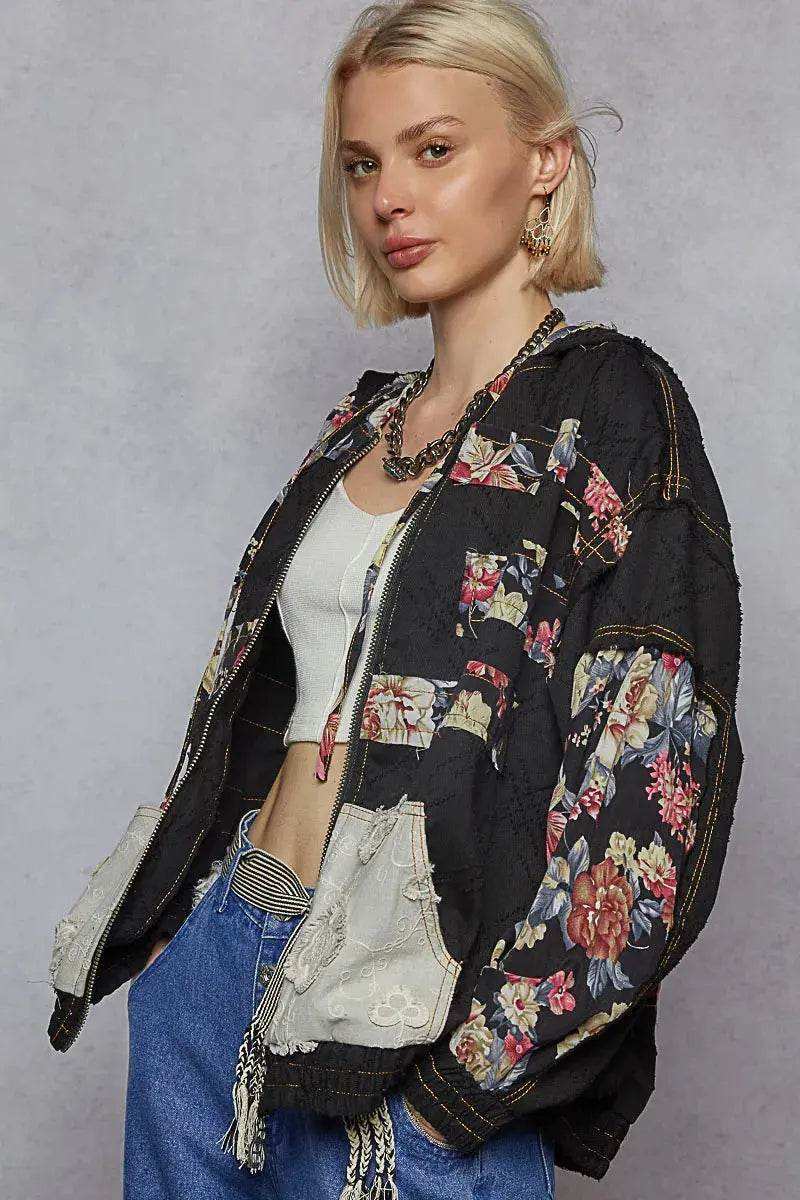 POL Zip Up Floral and Lace Patch Washed Jacket