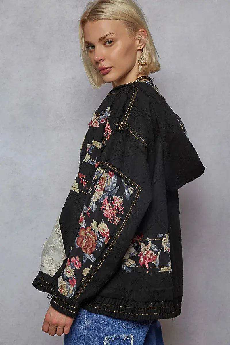 POL Zip Up Floral and Lace Patch Washed Jacket