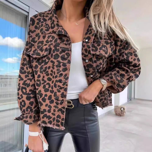 Women's Leopard Print Jacket With Pocket Y2K Fashion Lapel